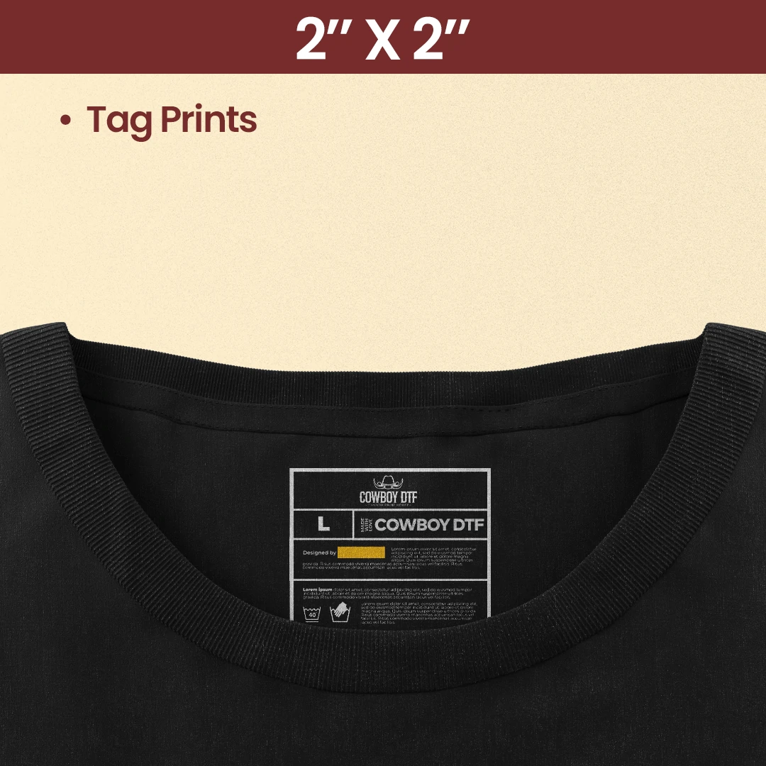 Black t-shirt with a label on a beige background, featuring 'Cowboy DTF' branding.